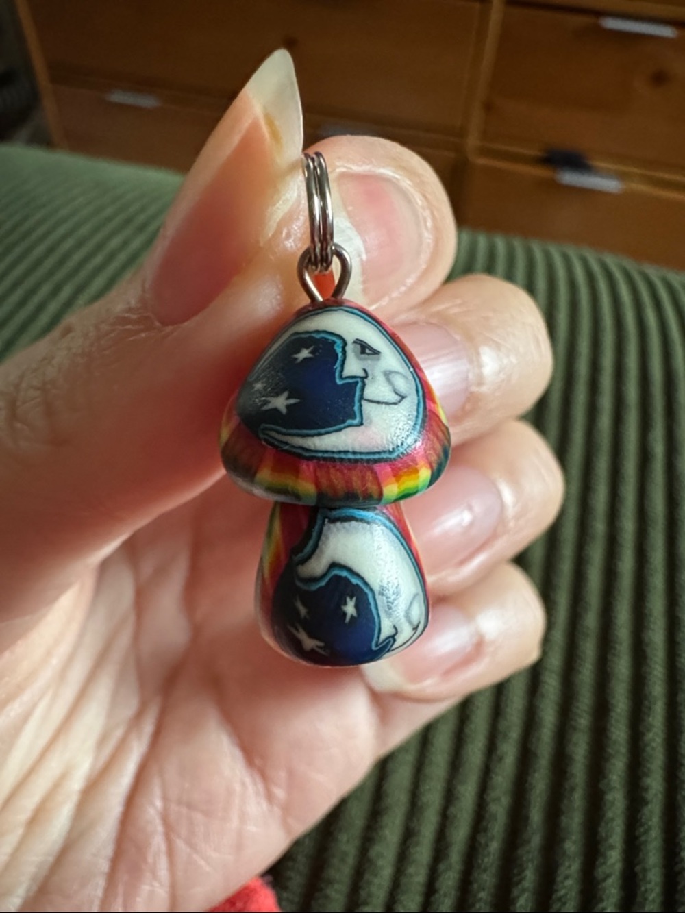 Handmade Clay Rainbow Mushroom Pendant Charm - Moon & Stars Design